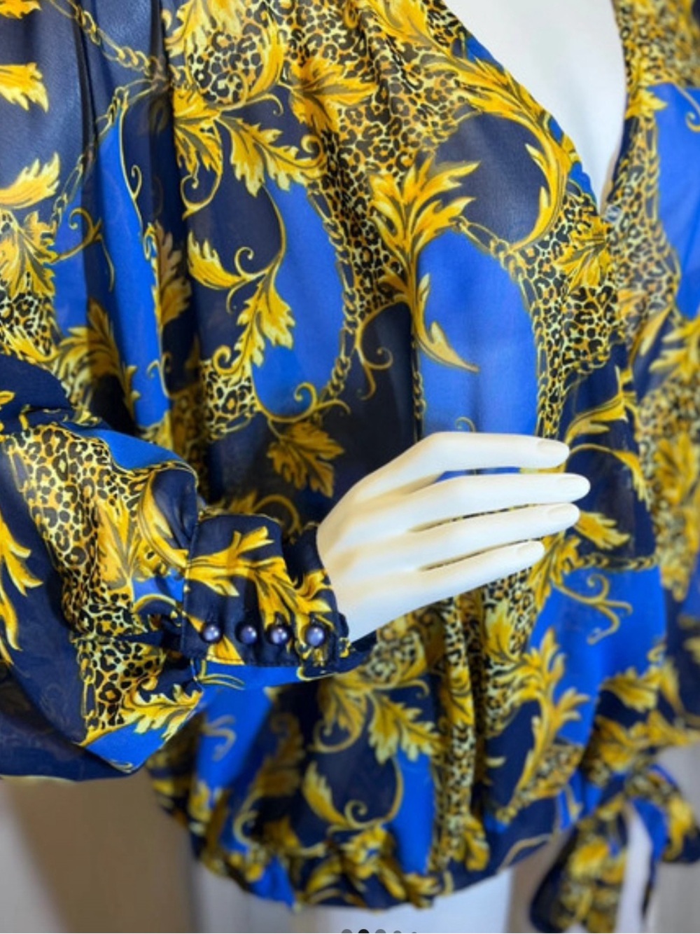 Rouge! Blue and Gold Baroque Wrap Blouse - Picture 3 of 10